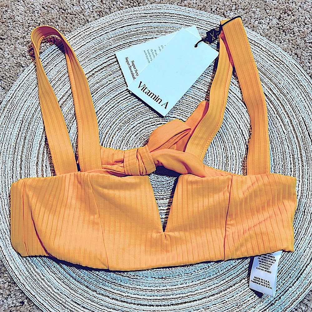NWT Vitamin A KAYA eco rib boned V bikini top in iced mango XS orange